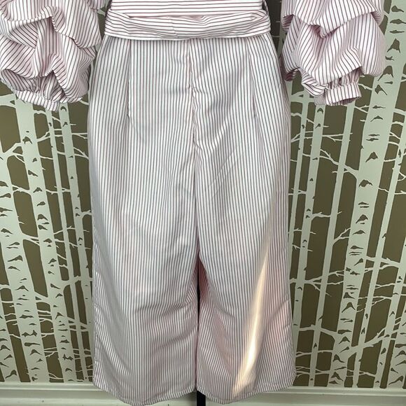 Red & White Striped Jumpsuit w Shirred Balloon Puff Sleeves sz S - Picture 9 of 10
